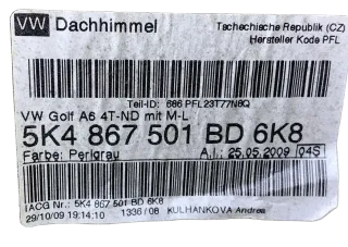 Original Volkswagen Golf VI 6 Dachhimmel Schwarz Oben 5K4867501AE - Bild 3